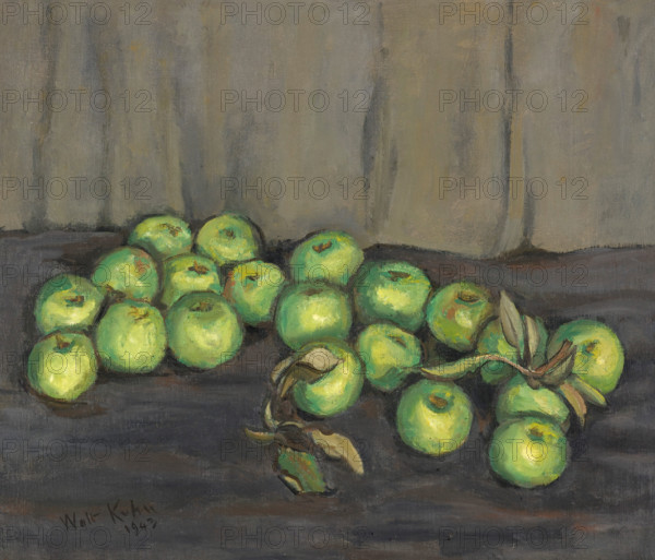 Green Apples with Gray Curtain, 1943. Creator: Walt Kuhn.