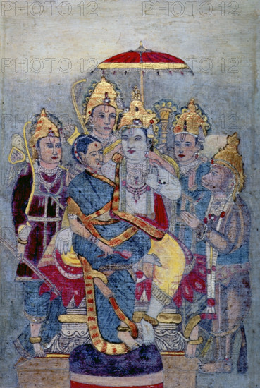 Rama and Sita enthroned under a royal umbrella, c1900. Creator: Unknown.