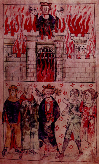 A castle on fire, c1307-c1327. Creator: Unknown.