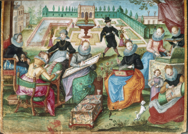 Ladies in a garden embroidering, 1603-1637. Creator: Gervasius Fabricius.