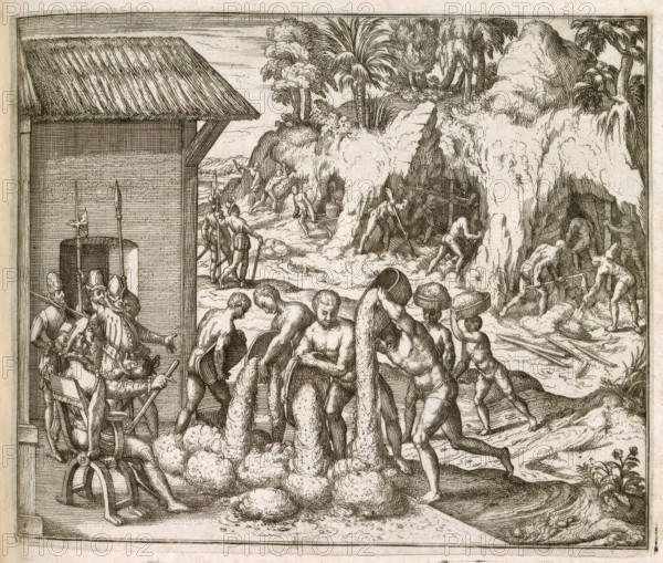 Slaves from Guinea digging for gold and silver in mines, for the Spanish in ..., 1595 (1617?) . Creator: Unknown.
