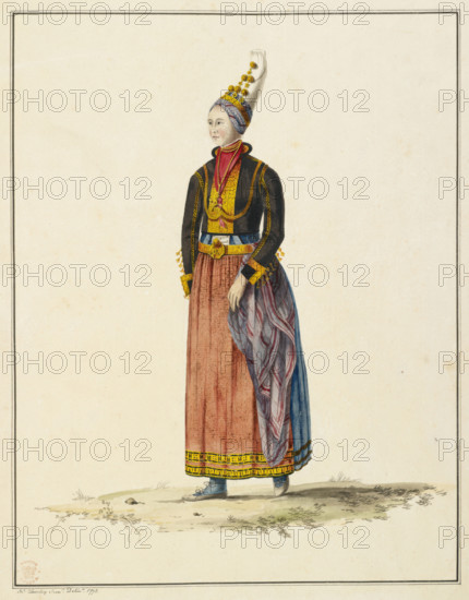 Drawing of an Icelandic woman in her bridal dress, 1772. Creator: John Clovelly.