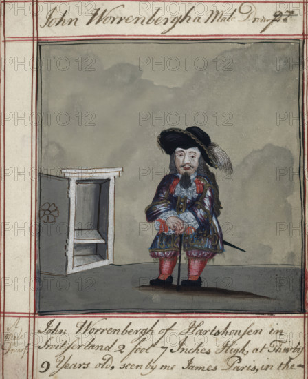 Drawing of John Worrenbergh, of Switzerland, a dwarf of 2 ft. 7 ins..., early 18th century. Creator: James Paris du Plessis.