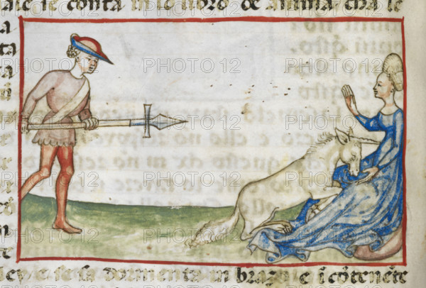 Detail of a tinted drawing of a woman protecting a unicorn, 2nd quarter 15th century. Creator: Anon.