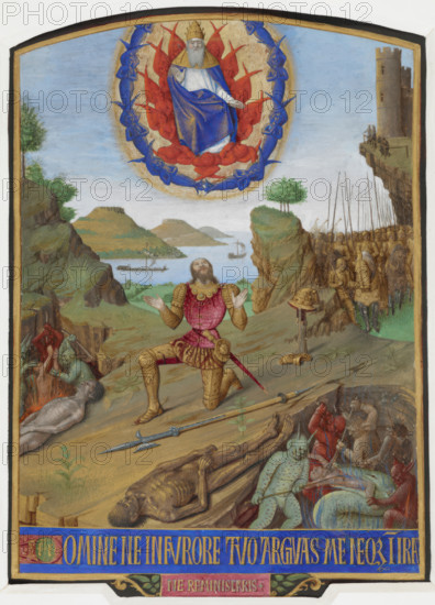 David, in armour, kneeling in penitence before the Almighty with his army, c1452-1460. Creator: Unknown.