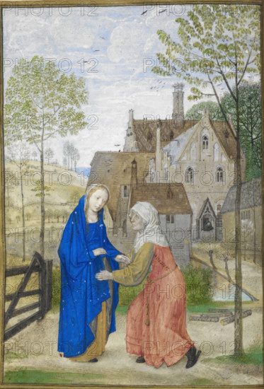 Office of Lauds: The Visitation. Mary and Elizabeth in the garden of a country house, 1485-1490. Creator: Unknown.