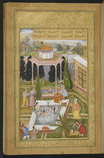 The owner of the garden discovering maidens bathing in the pool..., 1595. Creator: Sanwlah.