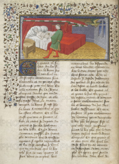 Miniature of Nectanebus practicising the enchantments of Olympias, who lies in bed, c1420. Creator: Unknown.