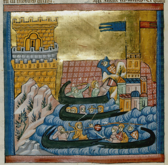 Naval battle between the fleets of Crete and Athens, with troops in a ship..., c1285. Creator: Unknown.