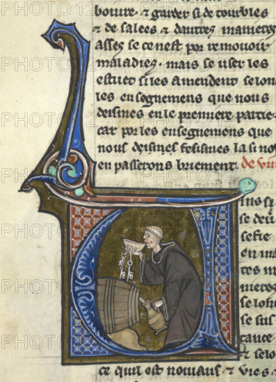 Initial 'V': a monk-cellarer tasting wine from a barrel whilst filling a jug, late 13th century. Creator: Unknown.