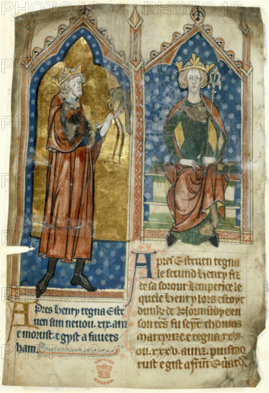 King Stephen standing with a falcon, and King Henry II seated on his throne, c1280-1300. Creator: Unknown.