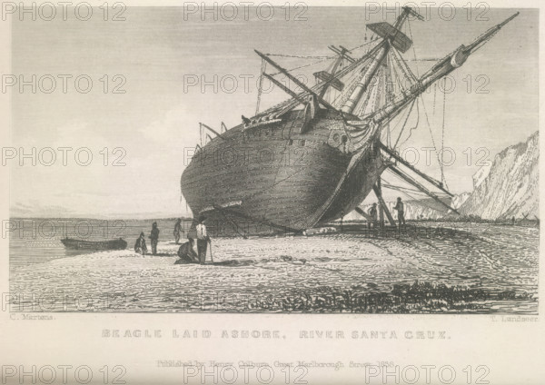 Beagle laid ashore, River Santa Cruz, 1834 (1839).  Creator: Thomas Landseer.