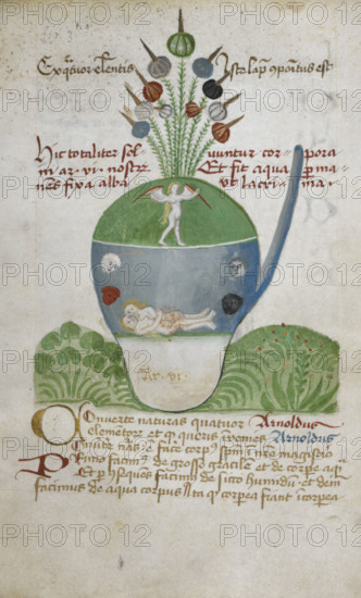 Glass vessel containing figures relating to alchemical experimentation, second half 15th century. Creator: Unknown.