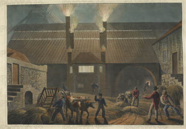 A view of the courtyard of a boiling house, in Antigua, 1823. Creator: William Clark.