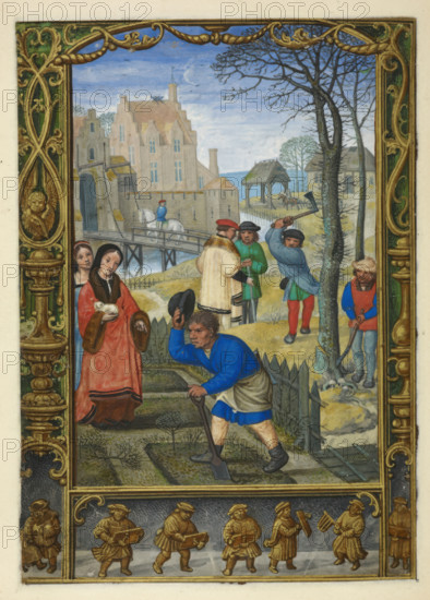 Calendar scene for March: gardening and felling trees, 1520-1530. Creator: Unknown.