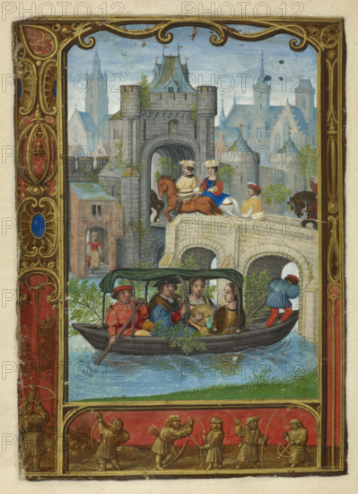 Calendar scene for May: Boating party, 1520-1530. Creator: Workshop of Simon Bening.