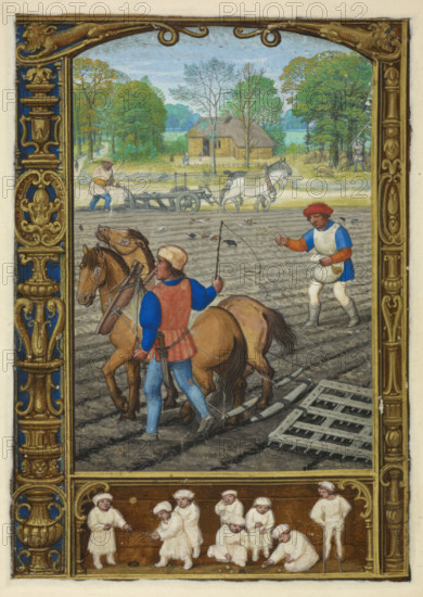 Calendar scene for September: Ploughing, sowing and harrowing, 1520-1530. Creator: Workshop of Simon Bening.