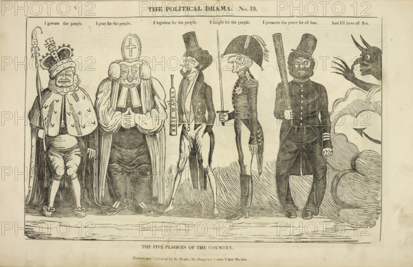 'The Political Drama, No. 19: the Five Plagues of the Country', 1834-1835. Creator: Charles Jameson Grant.