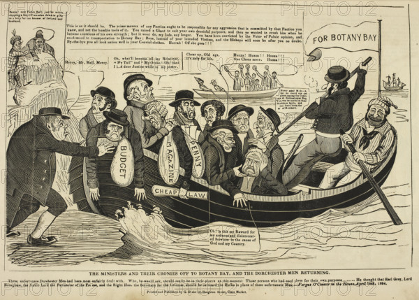 'The Ministers and their cronies off to Botany Bay, and the Dorchester men returning', 1834-1835. Creator: Charles Jameson Grant.