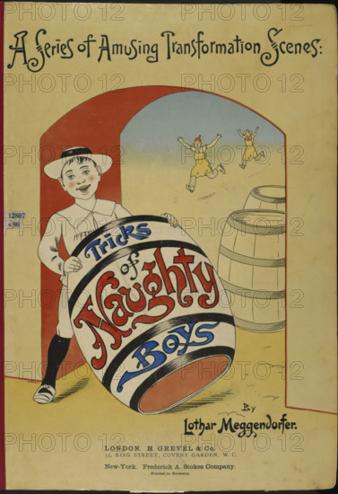 Boy holding a large barrel - book cover, 1900. Creator: Lothar Meggendorfer.