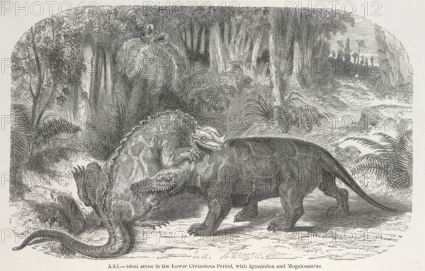 'Ideal scene in the Lower Cretaceous period, with Iguanodon and Megalosaurus', 1865. Creator: Unknown.