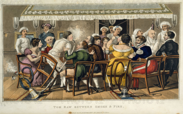 Tom Raw between smoke and fire, 1828. Creator: Sir Charles D'Oyly.