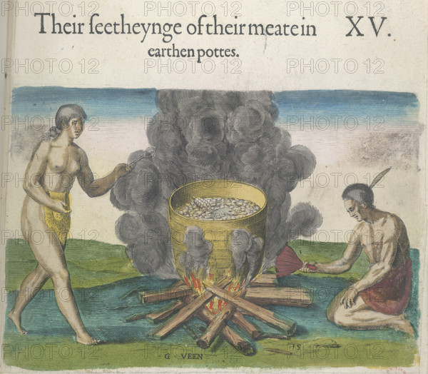 The beauty of the earthenware vessels in which they cook food, 1618. Creators: Theodor de Bry, John White.