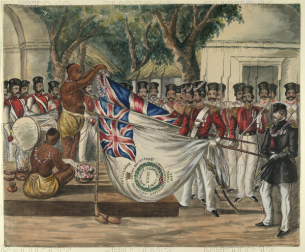 Hindu priest garlanding the flags of the 35th Bengal Light Infantry, c1847. Creator: Unknown.