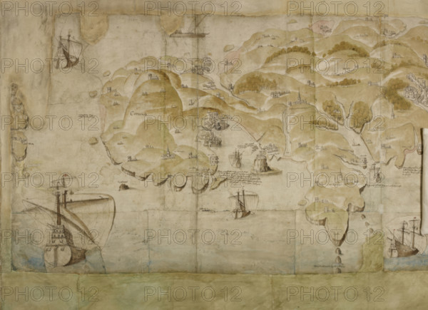 Detail (left-hand end) of a panoramic map of the coast from Land's End to Exmouth..., c1539. Creator: Unknown.