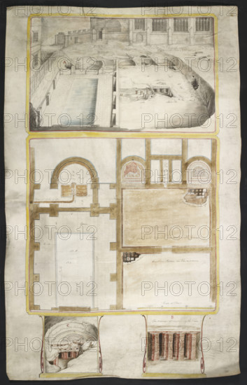 View and plans of the Roman baths at Bath, co. Somerset..., 1762. Creator: William Hoare.