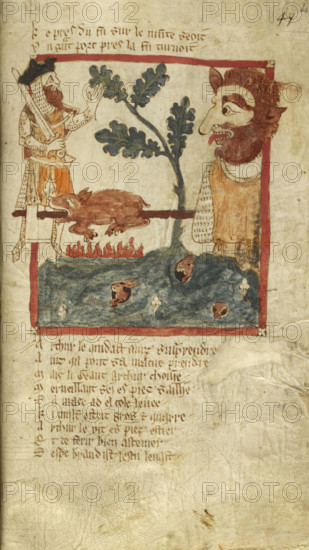 King Arthur finds a giant roasting a pig, mid 14th century. Creator: Wace.