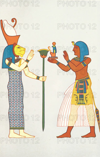Ancient Egyptian goddess and worshipper, 1881. Creator: Unknown.