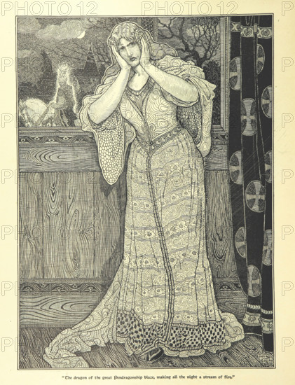 The dragon of the great Pendragonship blaze, making all the night a stream of fire, 1898. Creator: Louis John Rhead.