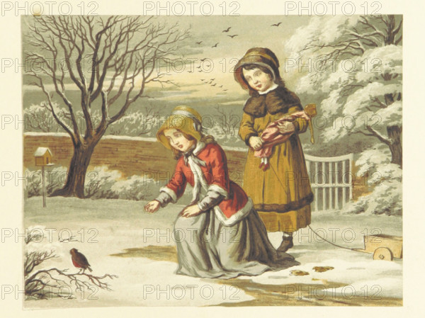 Two girls with a robin, 1853. Creator: Unknown.