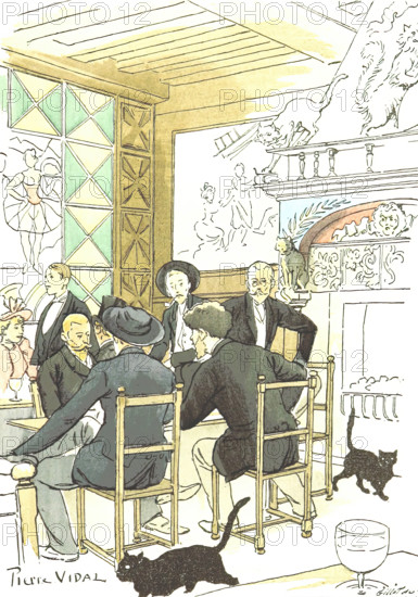 Cats in a café, 1893. Creator: Pierre Vidal.