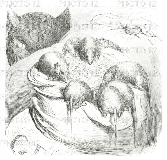 Cat watching rodents eating grain, 1860. Creator: Unknown.