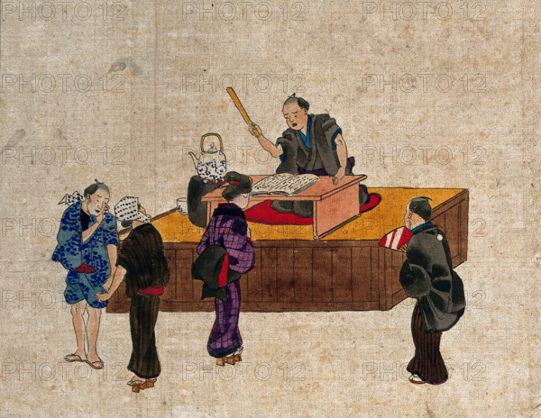 A man sits at a table on a platform reciting from a book, while three..., (between 1800 and 1899?). Creator: Unknown.