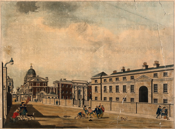 Royal Naval Hospital, Greenwich, a distant three-quarter view of the Hall and Chapel..., 1786. Creator: Charles White.