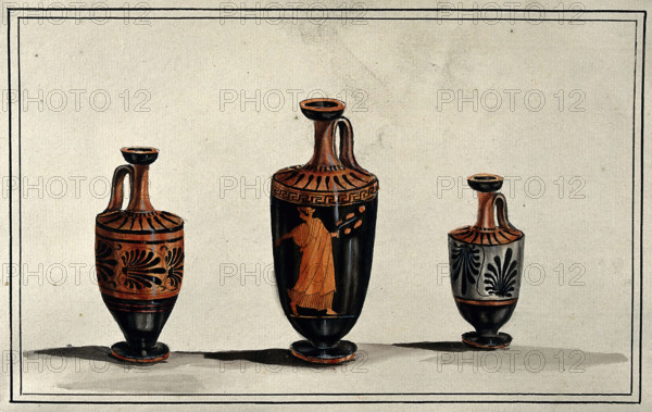Three Greek wine-jugs (oinochoes); left and right vases decorated with palms; middle..., 1760-1769. Creator: Augustin Dahlsteen.