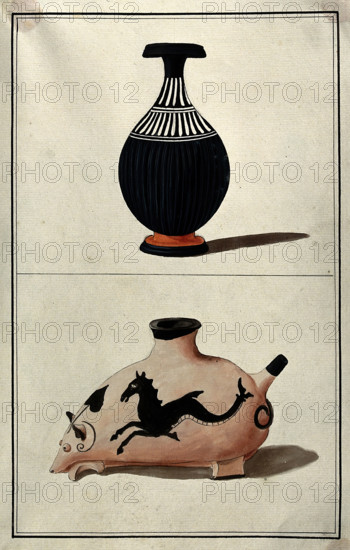 Above, a black Greek vase (perfume bottle?); below, vessel in the form of an animal, 1760-1769. Creator: Augustin Dahlsteen.