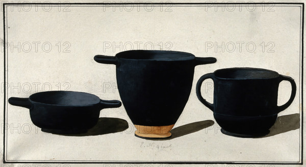Black Greek drinking cups; left, shallow cup with horizontal handles; middle, tall cup..., 1760-9. Creator: Augustin Dahlsteen.