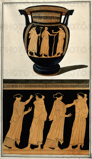 Above, red-figured Greek wine bowl (column krater); below, detail of decoration..., 1760-9. Creator: Augustin Dahlsteen.