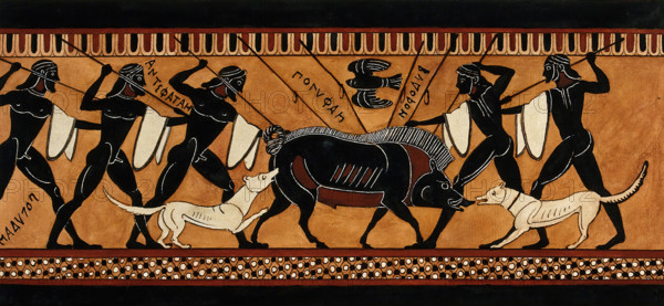Detail of a frieze decorating a Greek black-figured column krater representing a group..., 1760-9. Creator: Augustin Dahlsteen.