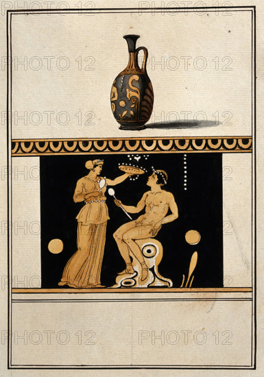 Above, red-figured Greek perfume vessel (lekythos) decorated with figures and a palm..., 1760-9. Creator: Augustin Dahlsteen.