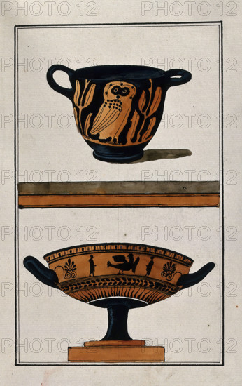Above, black ground two-handled red-coloured Greek cup (kylix) decorated with an owl..., 1760-9. Creator: Augustin Dahlsteen.