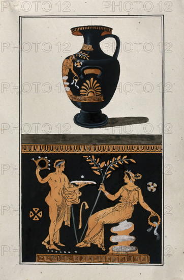 Above, red-figured Greek water jar (hydria); below, detail of decoration showing a seated..., 1760-9 Creator: Augustin Dahlsteen.