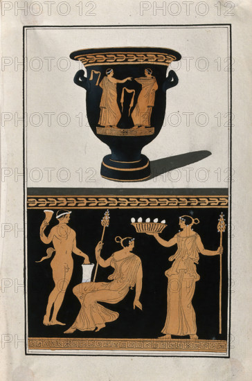 Above, red-figured Greek wine bowl (bell-krater); below, detail of decoration showing a..., 1760-9. Creator: Augustin Dahlsteen.