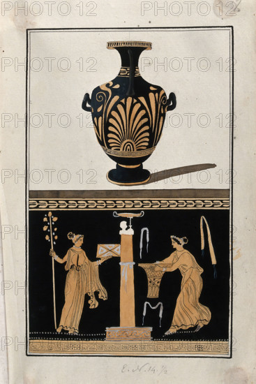 Above, red-figured Greek water jar (hydria) decorated with a palm motif; below..., 1760-9. Creator: Augustin Dahlsteen.