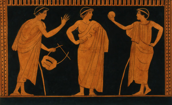 Detail of decoration of a red-figured Greek vessel showing three youths, one holding..., 1760-9. Creator: Augustin Dahlsteen.