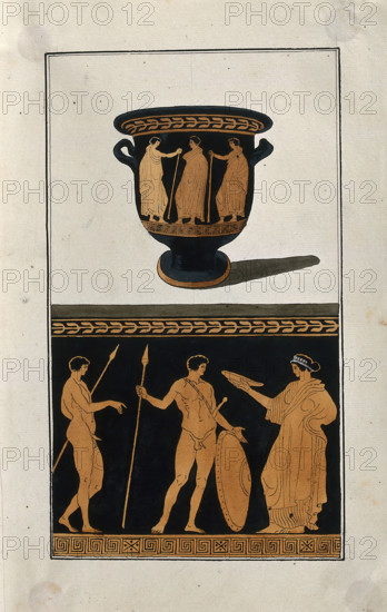 Above, red-figured Greek wine-mixing bowl (bell-krater); below, detail of the decoration..., 1760-9. Creator: Augustin Dahlsteen.